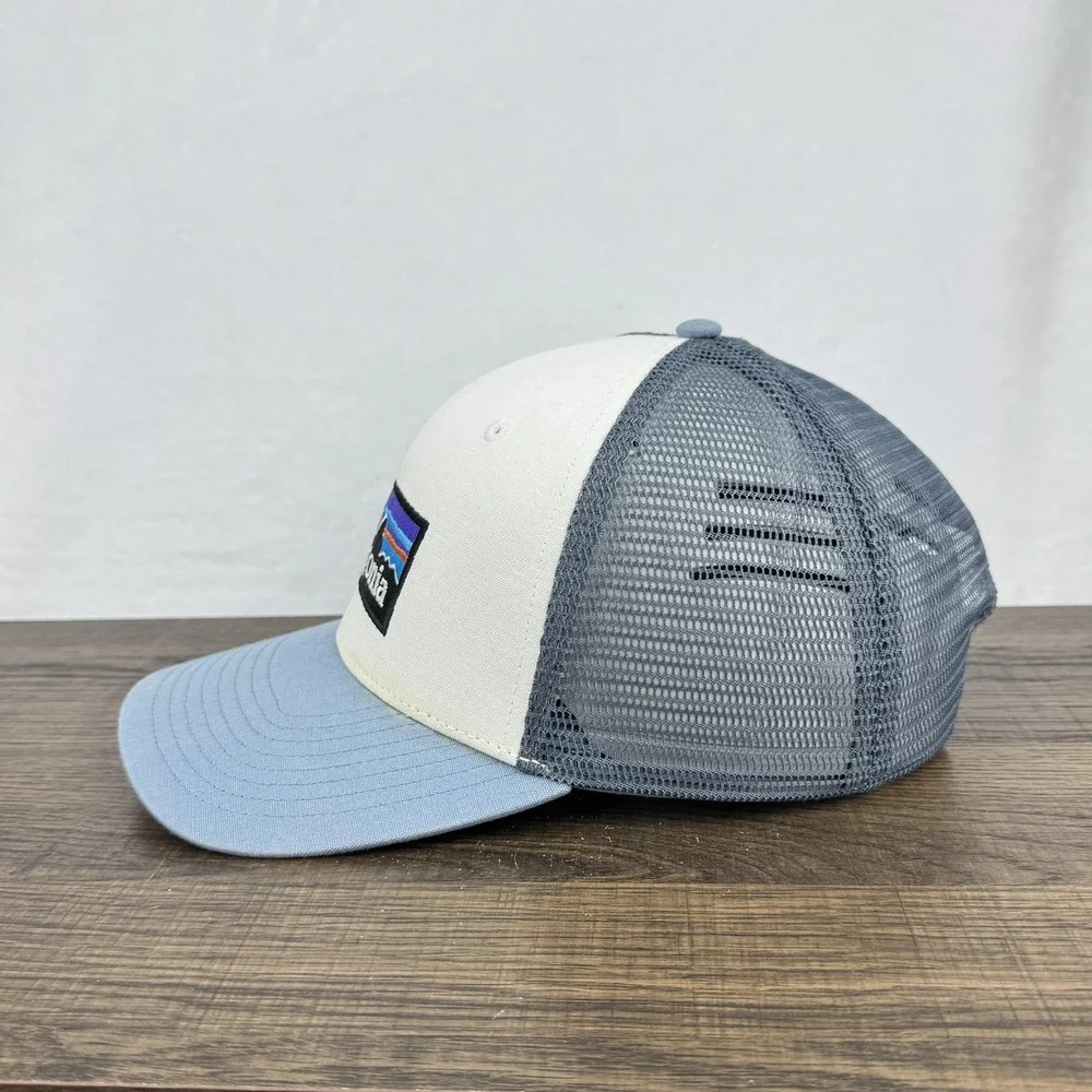 Patagonia Hat Cap Snap Back Mens Blue White Gray Trucker Mesh‎ Logo Embroidered